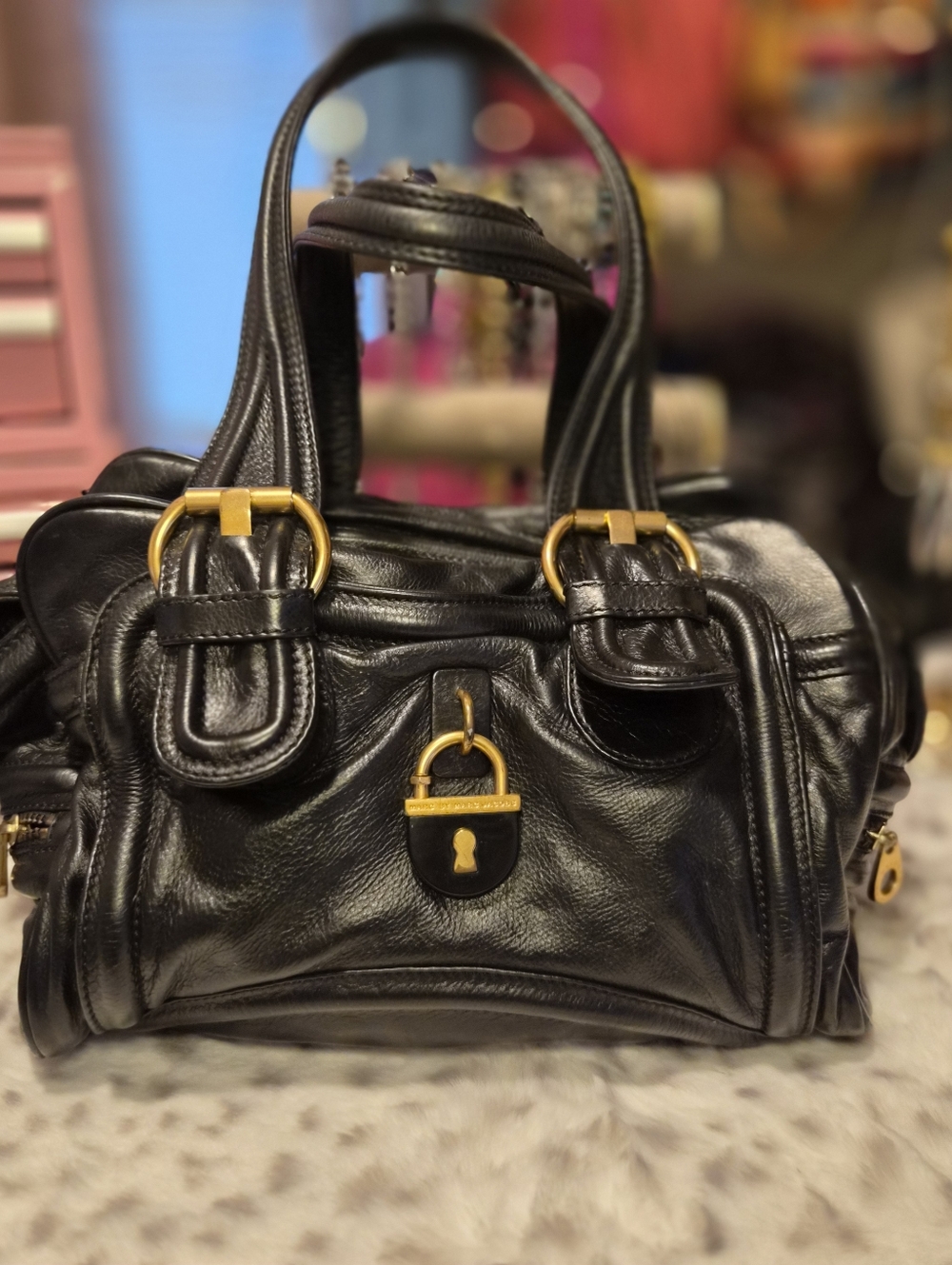 VTG Marc Jacobs Bombay Black Leather Padlock Handbag Tote